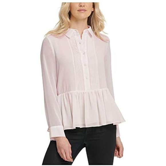 DKNY Button Up Long Sleeve Collared Top in Blush Pink - Size S (NWT) - Picture 1 of 6